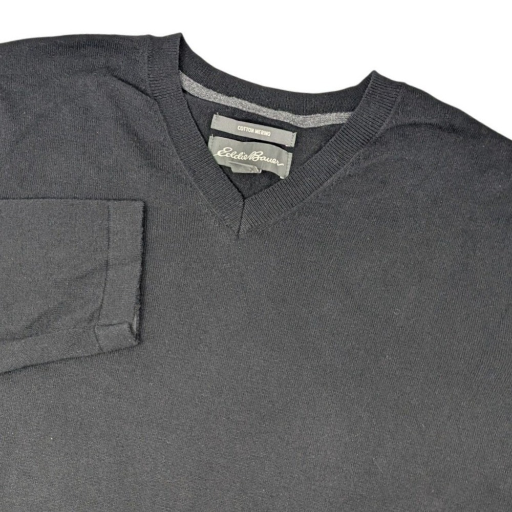 Eddie Bauer Mens TXL Black Cotton Merino Wool V-Neck Sweater Long Sleeve Knit